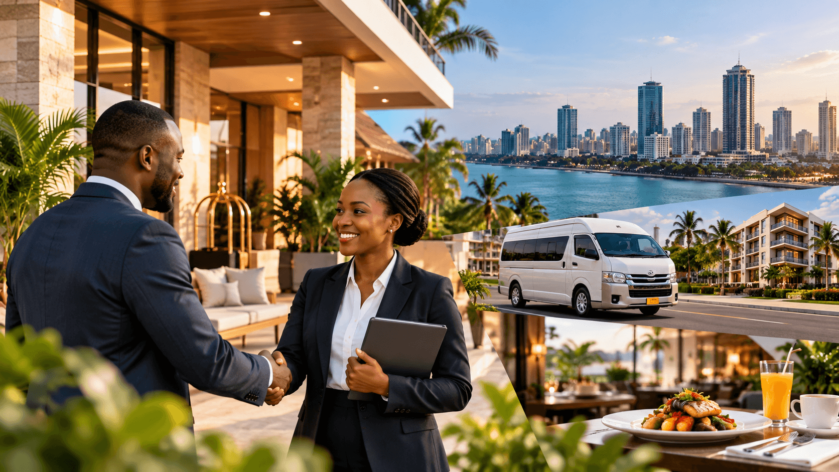 Business partners shaking hands outside a hotel, with a passenger van, city skyline and restaurant dining