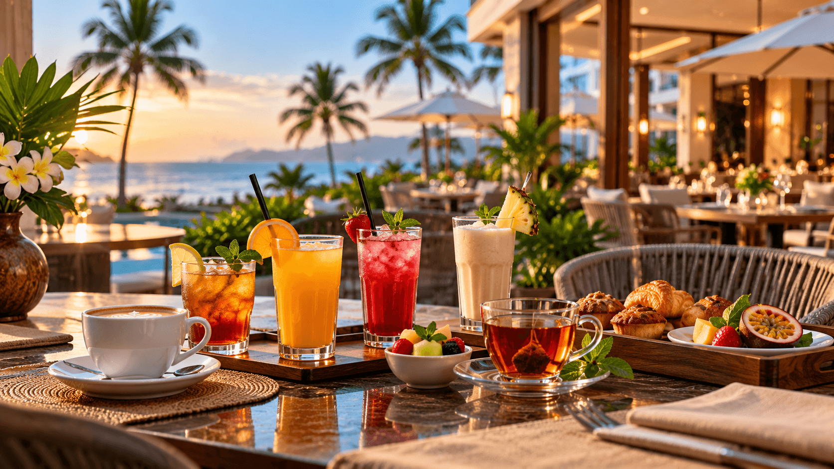 Fresh juices, tea and coffee served on a terrace