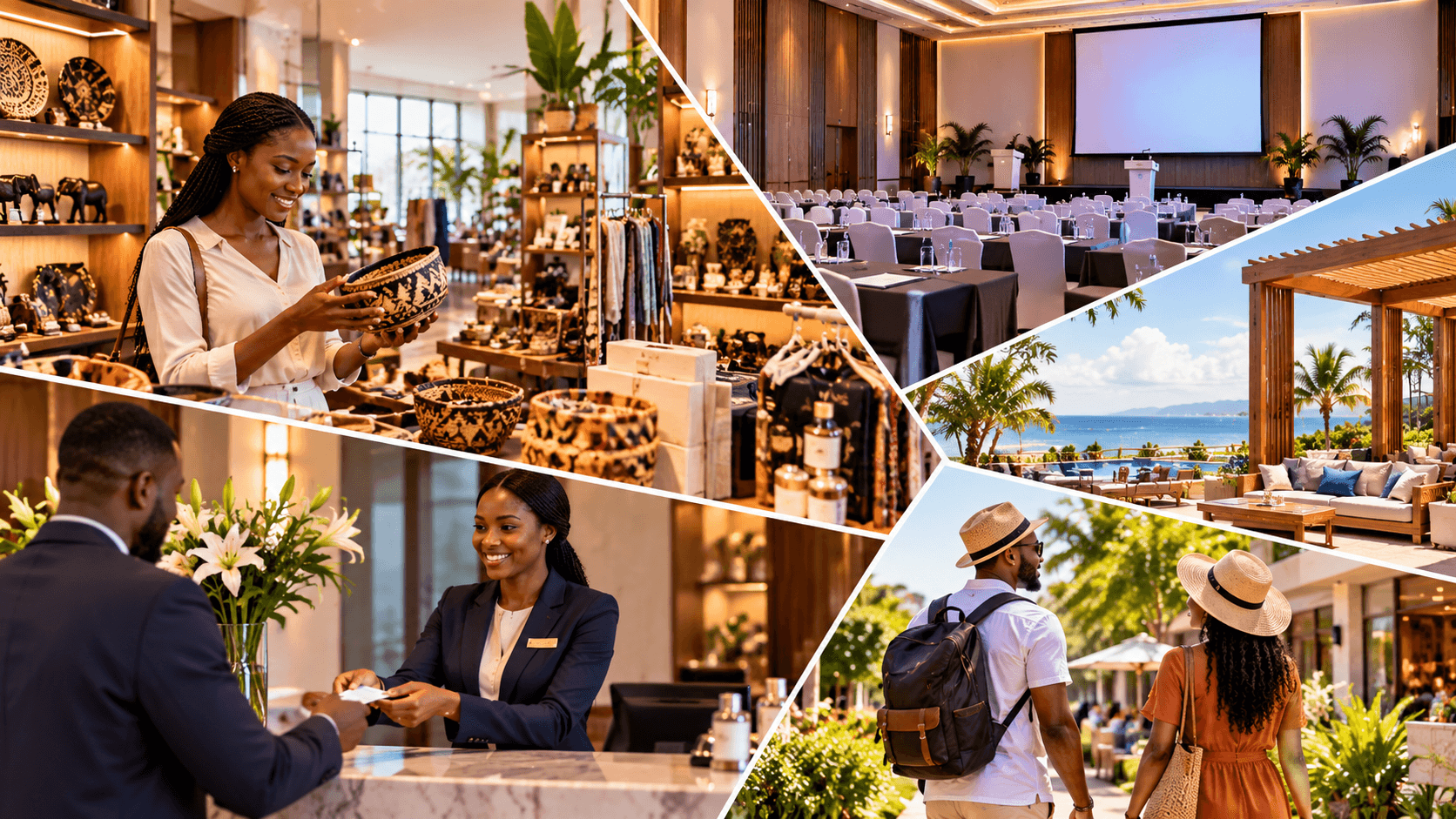 Collage of hotel retail, conference and reception services