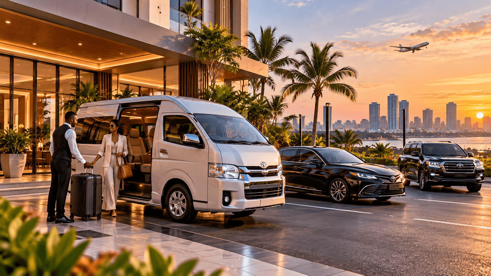 Passenger van and cars outside a hotel entrance